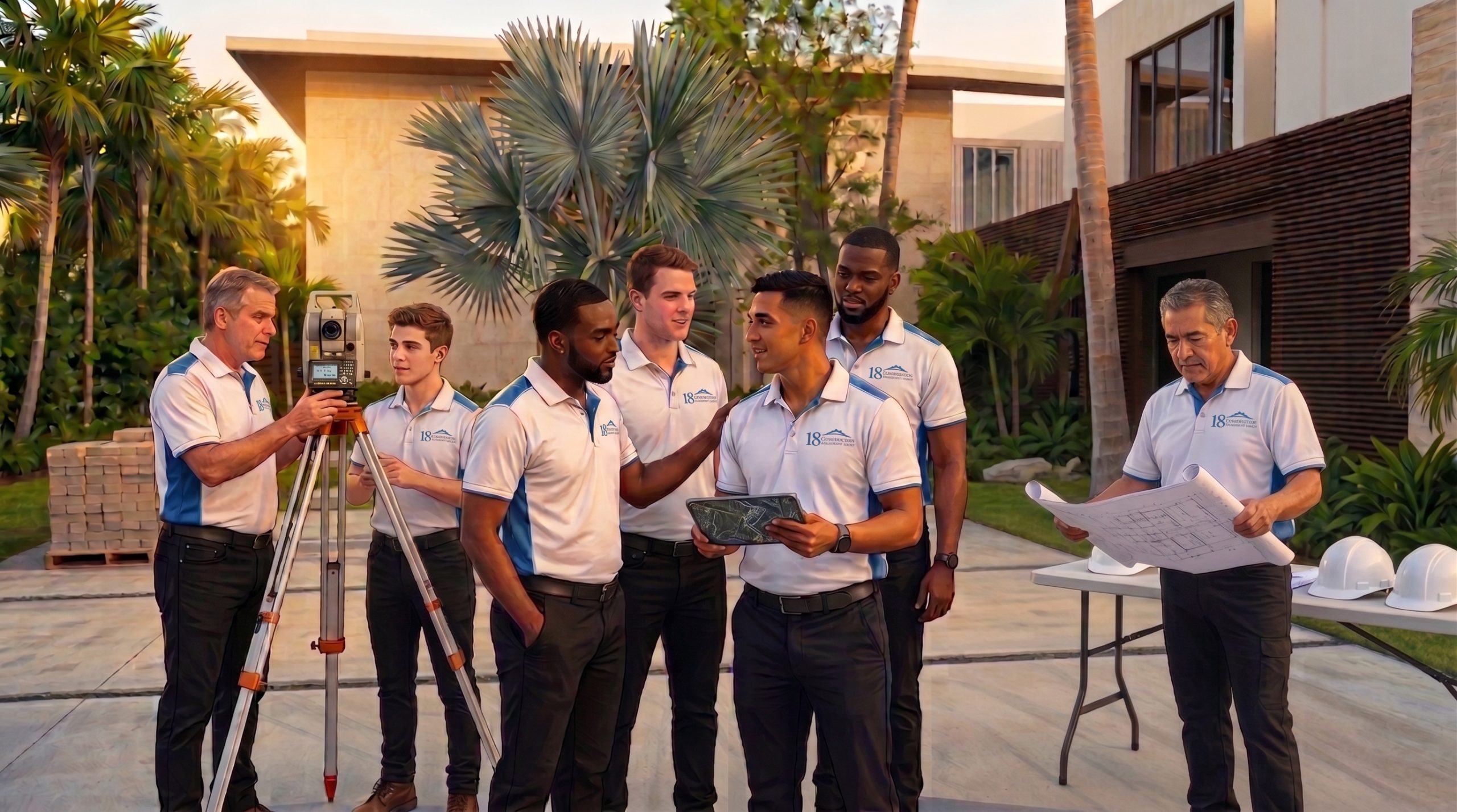 Design engineers and construction management reviewing luxury build plans in South Florida